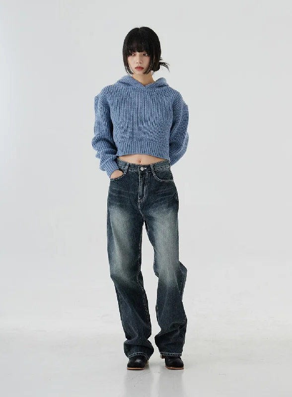 women's denim jeans for special occasionsFaded Color Wide Long Denim Pants OO20