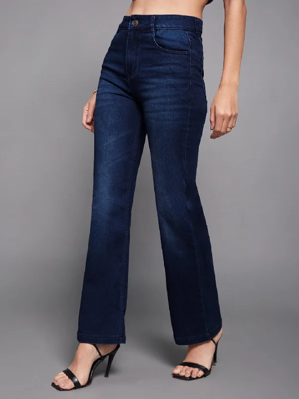 women's denim jeans with lace trimCHASEstretch™ Women's Navy Blue Wide Leg Mid Rise Denim Jeans