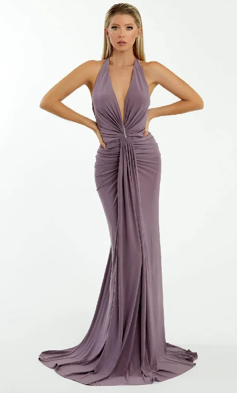 women's hourglass figure dressesNicole Bakti 7066 - Halter V-Neck Evening Dress