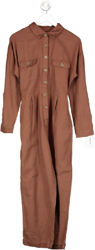 women's jumpsuits for runningnewlook Brown Cotton Belted Button Front Jumpsuit UK 8