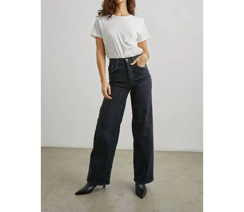 women's denim jeans with leather patchesGetty Wide Leg Jeans In Black Pearl