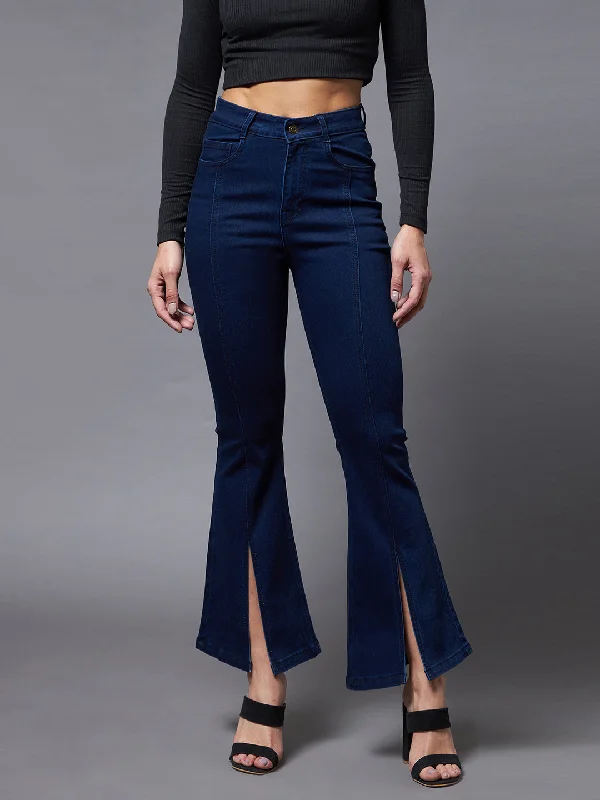 women's denim jeans for travel24/7 Comfort Women's Navy Blue Bell Bottom Bootcut Hourglass High rise Stretchable Timeless Denim Slit Jeans