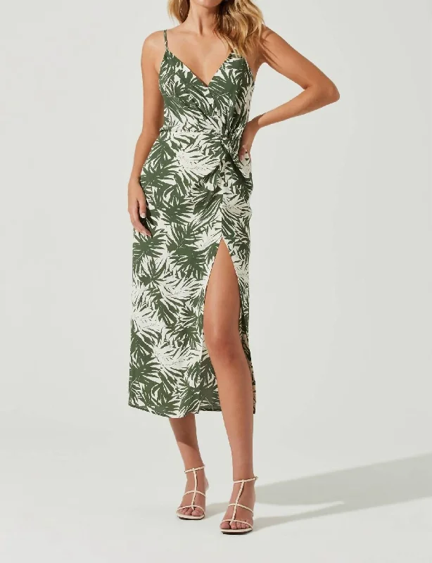 women's evening dressesDestination Tropical Print Side Slit Midi Dress In Green-White Palm