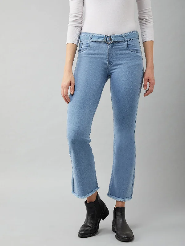 women's denim jeans with adjustable waistbandsWomen's Light Blue Cotton Bell Bottom Bootcut Cropped High Rise Stretchable Timeless Denim Jeans