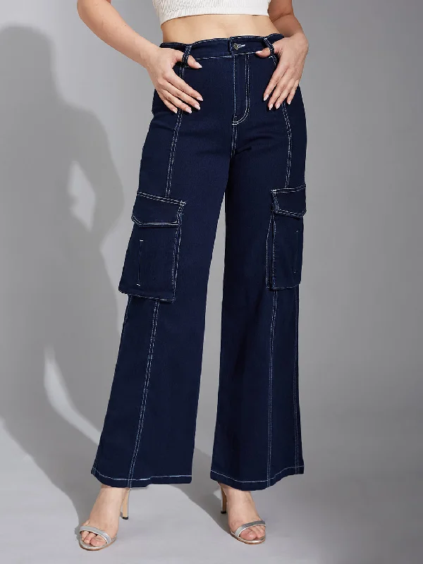 women's denim jeans for a night out24/7 Comfort Women's Navy Blue Wide leg High rise Regular Stretchable Baggy Denim Jeans