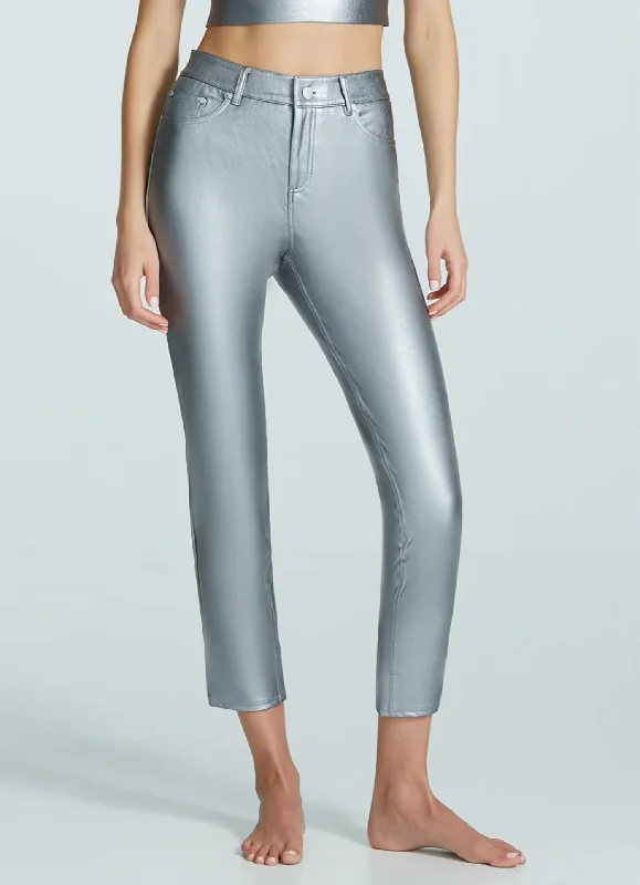 women's denim jeans with cotton blendFaux Leather Five Pocket Pant In Platinum