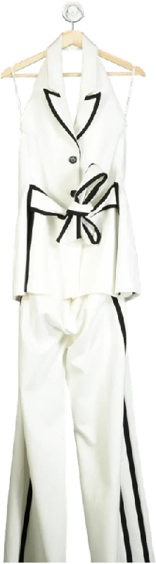 women's jumpsuits with round necksKaren Millen Ivory Compact Stretch Contrast Tipped Belted Wide Leg Tailored Jumpsuit UK 10