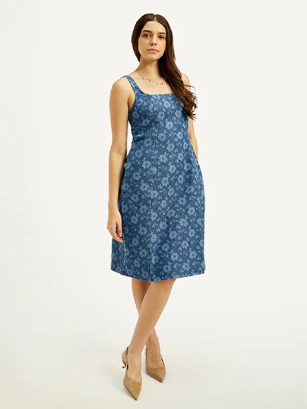 women's breathable cocktail skirtsWomen's Floral Blue Square Neck Dress