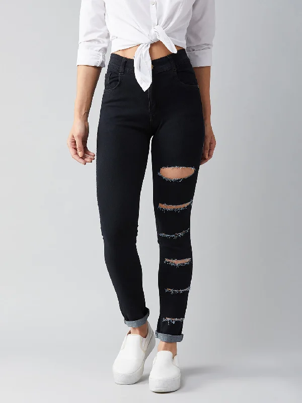 women's high-ankle denim jeansWomen's Black Slim High Rise Distressed Denim Jeans