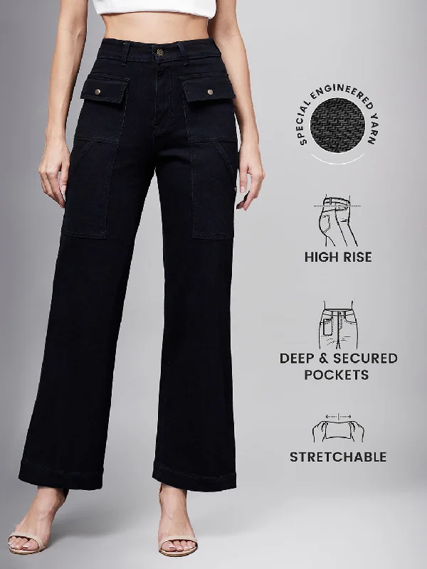 women's stone-washed denim jeans24/7 comfort Women's Black flared High rise Clean look Regular Stretchable Denim Jeans