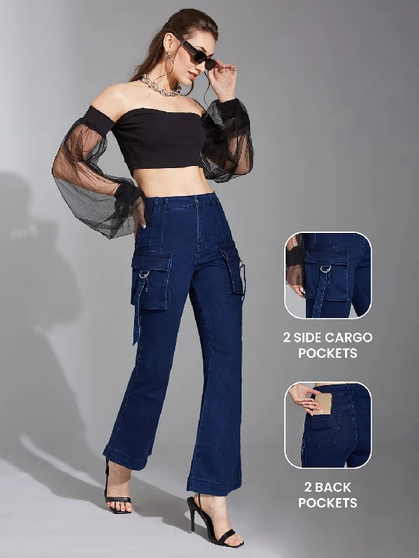 women's denim jeans for business casual24/7 comfort Women's Timeless Navy Blue Patch Pockets Bell Bottom Bootcut High rise Stretchable Denim Jeans