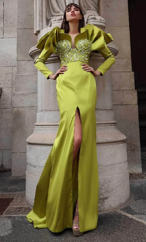 women's easy-to-wear dressesMNM COUTURE K4028 - Long Sleeve Ruffled Evening Gown