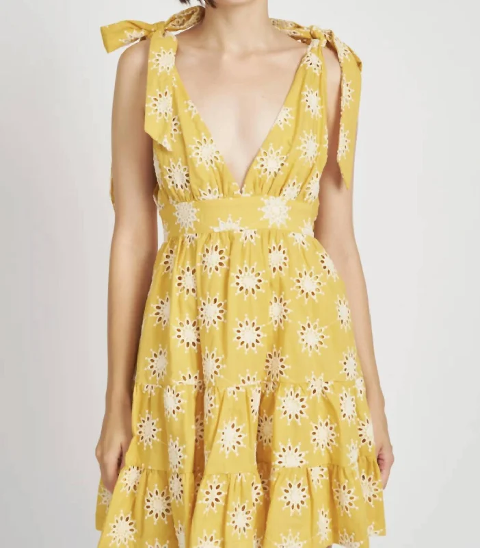 women's chiffon dressesEmbroidered Tiered Mini Dress In Yellow