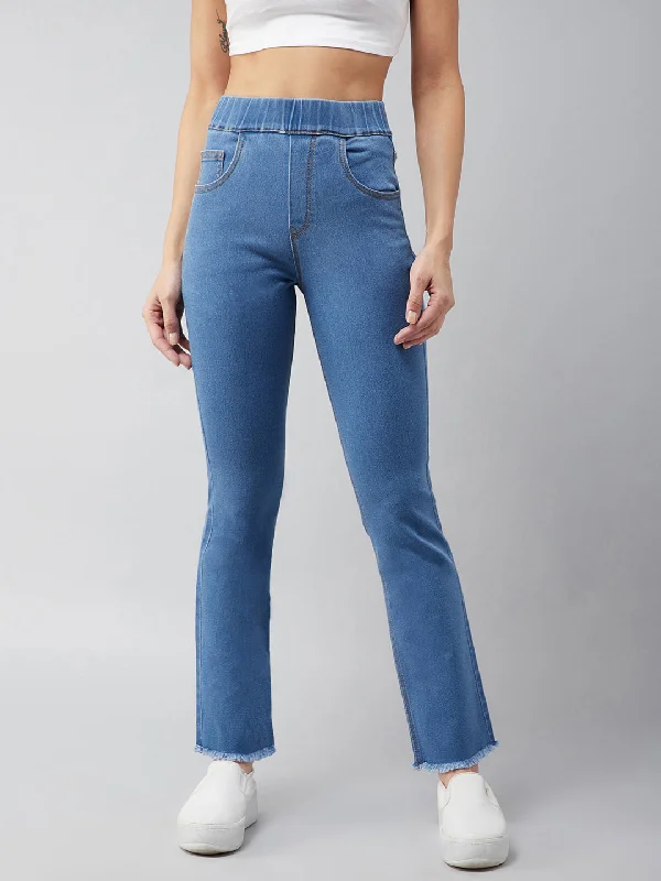 women's elastic waist denim jeans24/7 comfort Women's Blue Bell Bottom Semi-Bootcut Hourglass Mid-rise Clean Look Regular Stretchable Timeless Denim Jeans