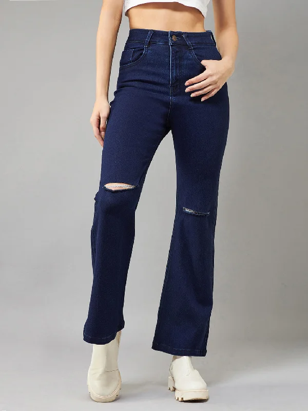 women's denim jeans for a glamorous evening24/7 Comfort Women's Timeless Navy Blue Bell Bottom Bootcut High Rise Stretchable Ripped Denim Jeans