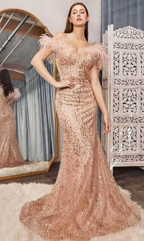 women's affordable dressesLadivine - Feathered Off Shoulder Evening Dress CB082 - 1 pc Rose Gold In Size 10 Available