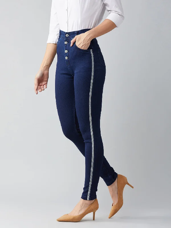 women's denim jeans for a comfortable fitWomen's Navy Blue Cotton Skinny Fit Relaxed High Rise Regular Length Stretchable Denim Jeans