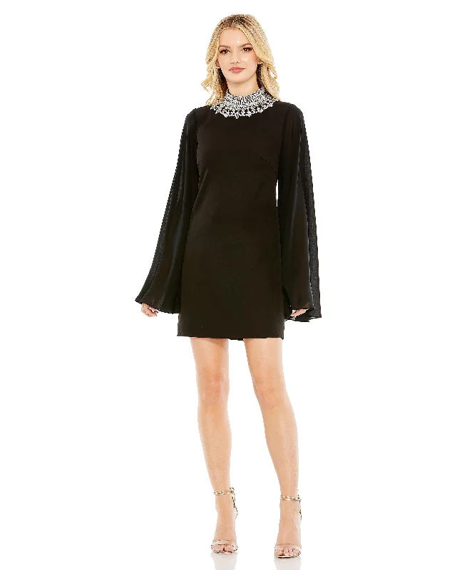 women's sustainable dressesRhinestone Collar Flowy Sleeve Mini Dress