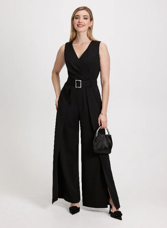 women's jumpsuits for short womenCrepe Belted Sleeveless Jumpsuit