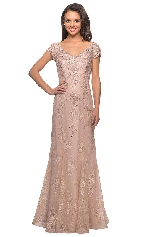 women's high-end dressesLa Femme - 28099 V Neck Floral Lace Trumpet Evening Dress