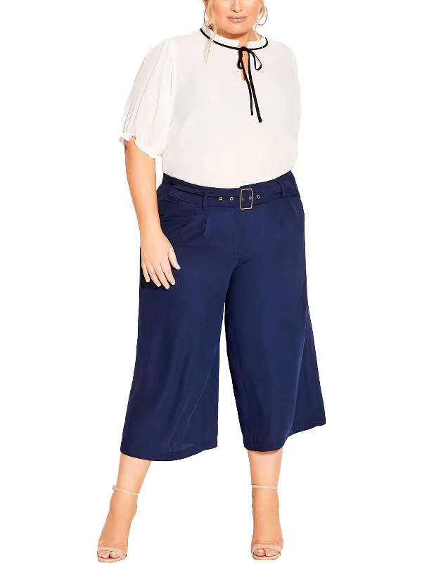 women's short pantsWomens Belted Polyester Wide Leg Pants