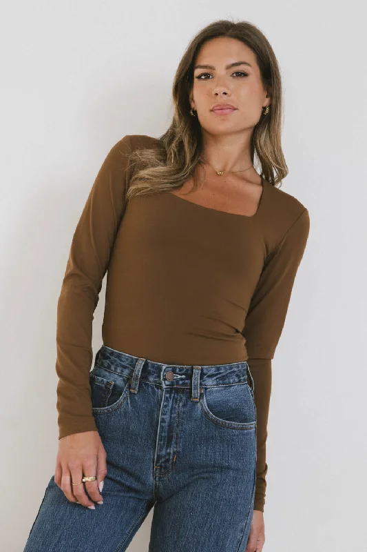 women's long-sleeved dressesDemi Square Neck Bodysuit in Brown