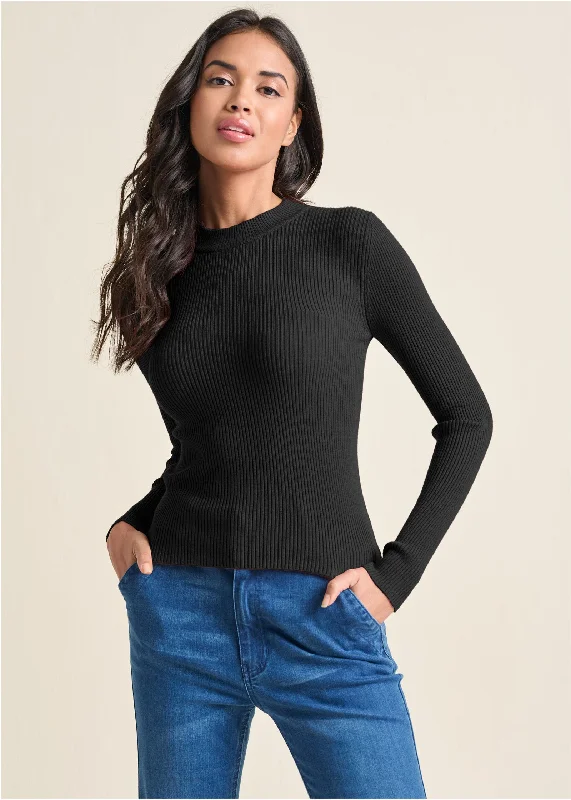 women's everyday dressesRibbed Long Sleeve Top - Black