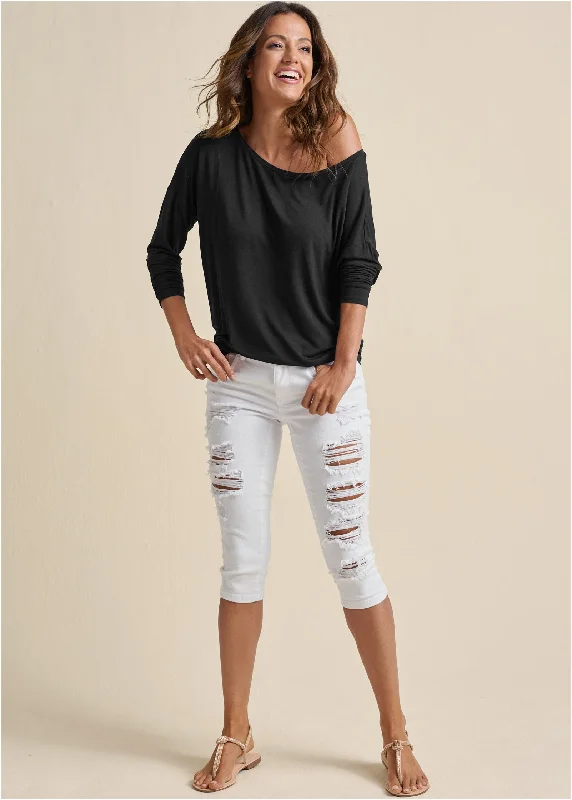 women's velvet dressesRipped Jean Capris - White