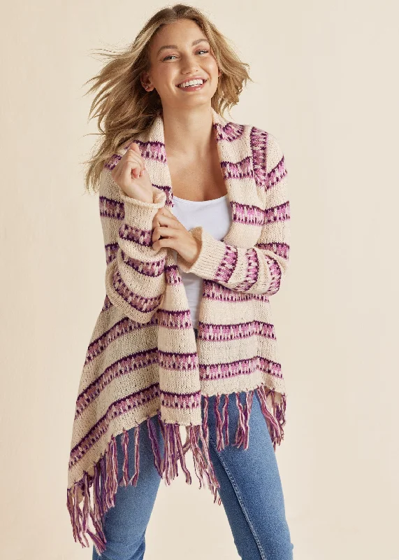 women's mother of the bride dressesStripe Fringe Cardigan - Beige Multi