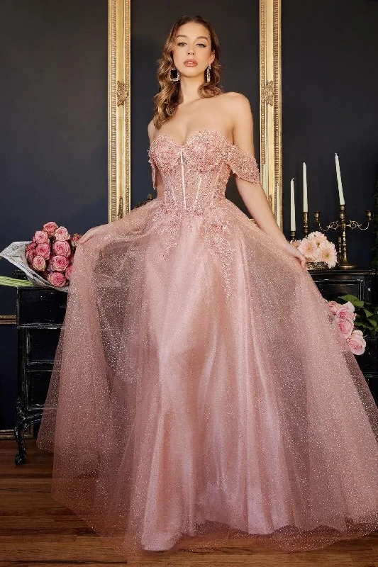 women's boho dressesCinderella Divine CD0198 Off Shoulder Corset Long Prom Ball Gown Blush