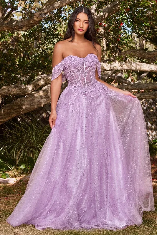 women's glam dressesCinderella Divine CD0198 Off Shoulder Corset Long Prom Ball Gown Lavender