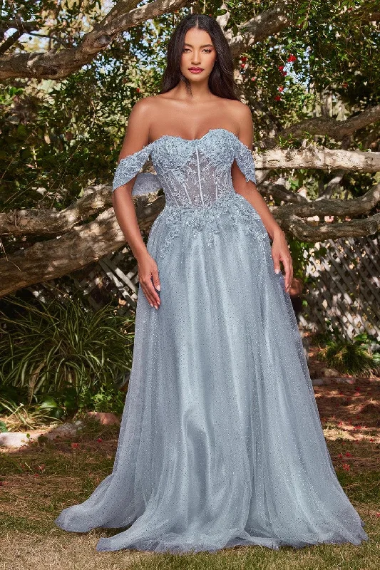 women's maximalist dressesCinderella Divine CD0198 Off Shoulder Corset Long Prom Ball Gown Smoky Blue