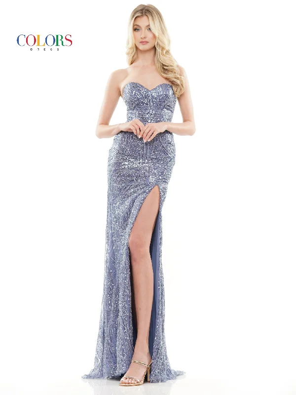 women's floral dressesColors 3142 Long Strapless Beaded Mesh Slit Prom Dress