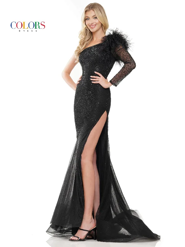 women's hourglass figure dressesColors 3251 Long One Shoulder Feather Prom Dress