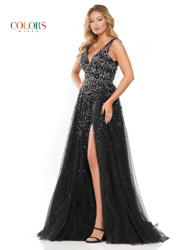 women's wrinkle-resistant dressesColors 3270 Long Sleeveless Formal Beaded Mesh Prom Dress