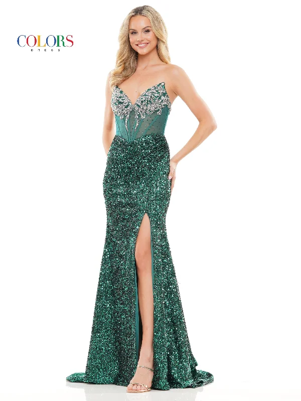 women's trendy dressesColors 3274 Long Strapless Fitted Sequin Slit Prom Dress