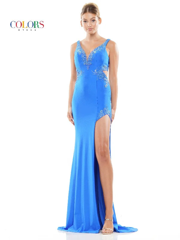 women's high-low dressesColors 3292 Long Sleeveless Fitted satin Prom Dress