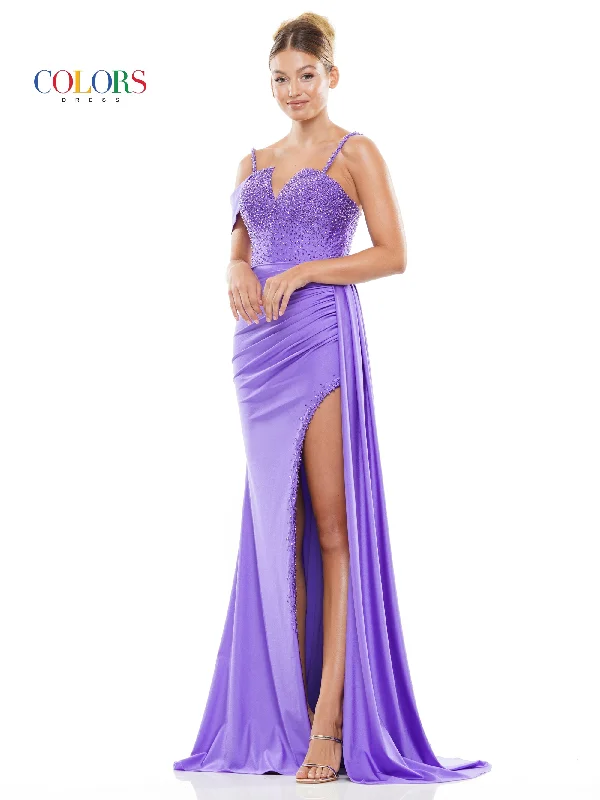 women's velvet dressesColors 3297 Long Beaded Slit Drape Skirt Prom Dress