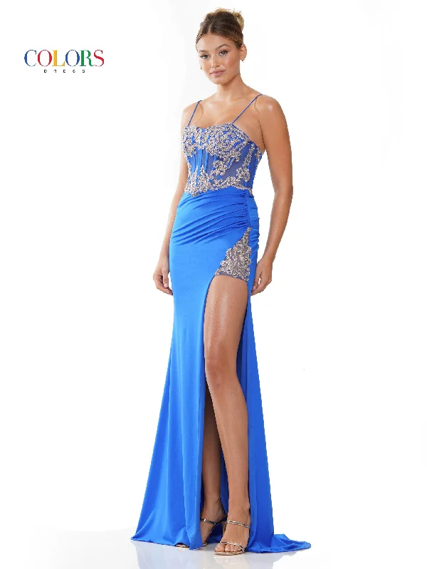 women's halter dressesColors 3316 Long Lace Corset Bodice Slit Satin Prom Dress